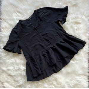 Madewell Womens Button Front Peplum Top Black Short Sleeve Crew Ruffles Hem S